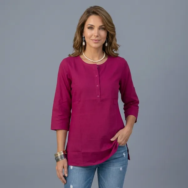 Magenta_Cotton_Three_Quarter_Sleeve_Tunic_For_Women