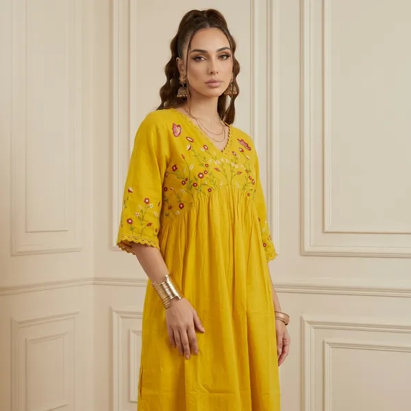 Yellow_Floral_Embroidered_Cotton_Kurta_Set_For_Women