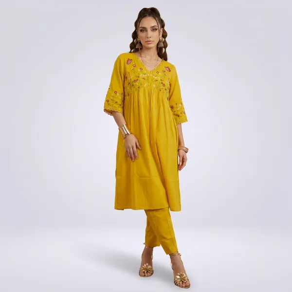 Yellow_Floral_Embroidered_Cotton_Kurta_Set_For_Women