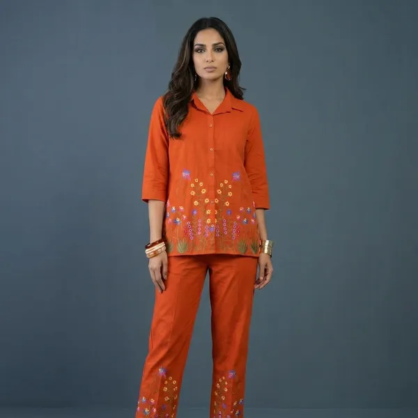 Orange_Embroidered_Cotton_Shirt_And_Pants_Set_For_Women