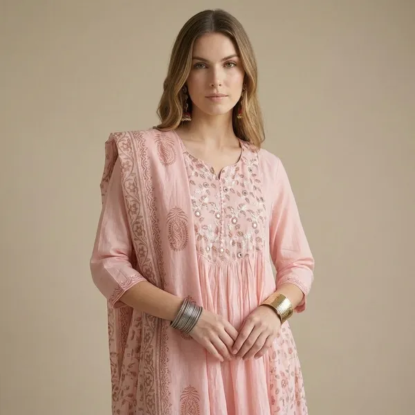 Pink_Mul_Chanderi_Embroidered_Anarkali_Kurta_Set_With_Mirror_Work_For_Women