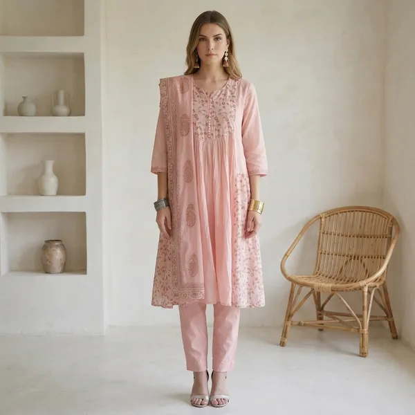 Pink_Mul_Chanderi_Embroidered_Anarkali_Kurta_Set_With_Mirror_Work_For_Women