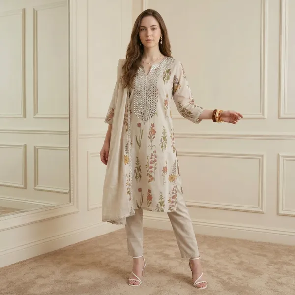 Off_White_Floral_Print_Embroidered_With_Gota_Work_Kurta_Set_For_Women