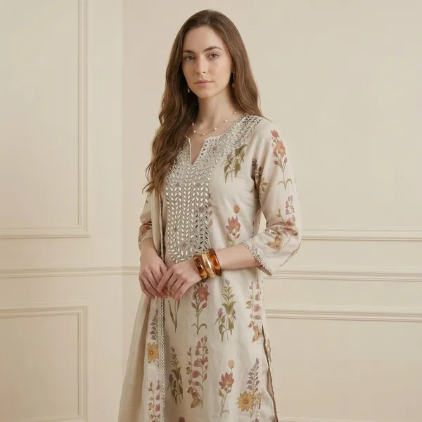 Off_White_Floral_Print_Embroidered_With_Gota_Work_Kurta_Set_For_Women