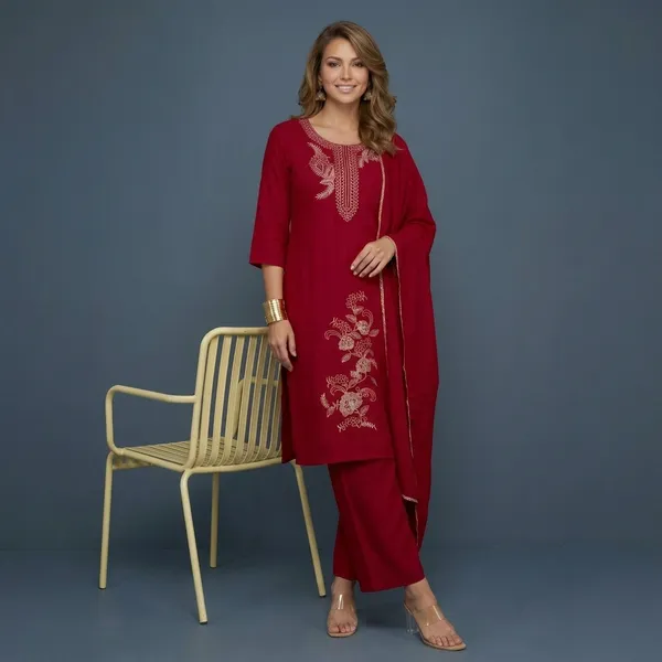 Maroon_Embroidered_Rayon_Kurta_Set_For_Women