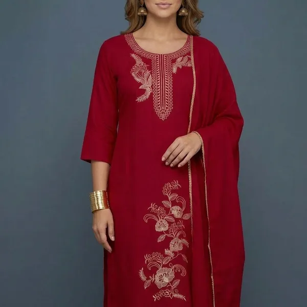Maroon_Embroidered_Rayon_Kurta_Set_For_Women