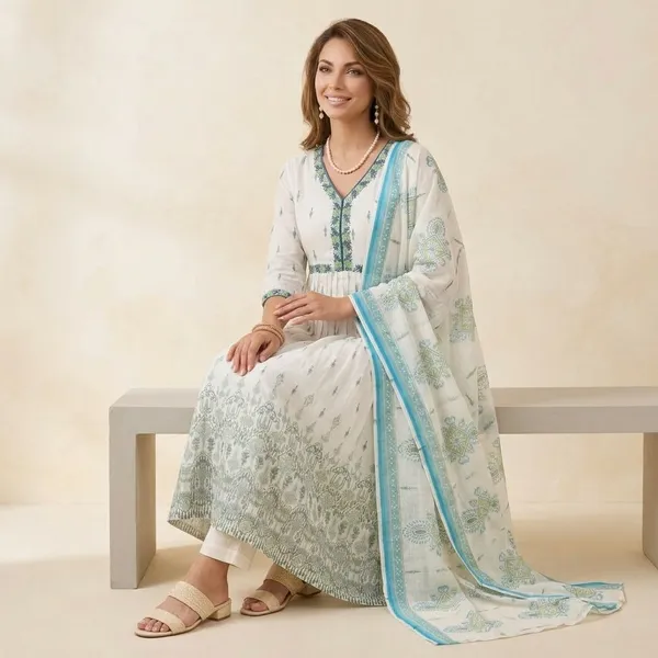 White_Cotton_Floral_Embroidered_Anarkali_Kurta_Set_For_Women