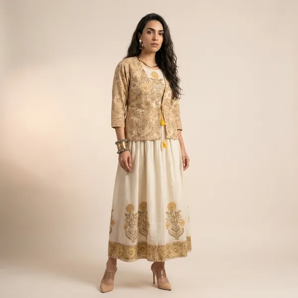 Yellow_Embroidered_Ethnic_Jacket_Dress_Set_For_Women