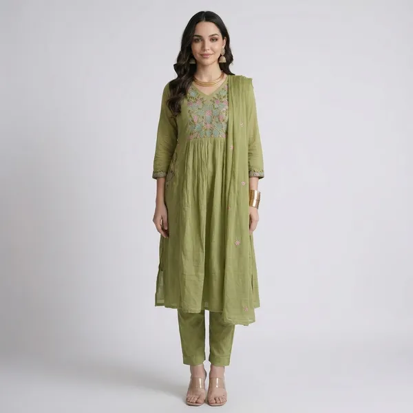 Green_Mul_Cotton_Embroidered_Anarkali_Kurta_Set_For_Women