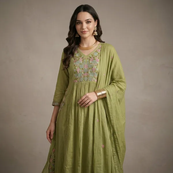 Green_Mul_Cotton_Embroidered_Anarkali_Kurta_Set_For_Women