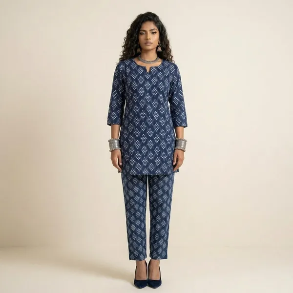 Indigo_Blue_Cotton_Printed_Kurta_Set_For_Women