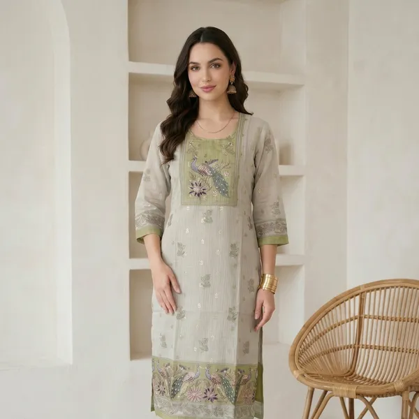Beige_And_Green_Kota_Doria_Embroidered_Kurta_Set_For_Women