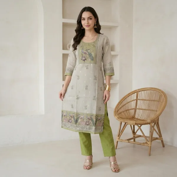 Beige_And_Green_Kota_Doria_Embroidered_Kurta_Set_For_Women