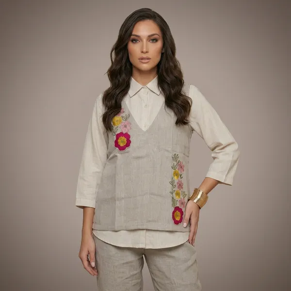 Beige_And_Grey_Linen_Layered_Co-Ord_Set_With_Embroidered_For_Women