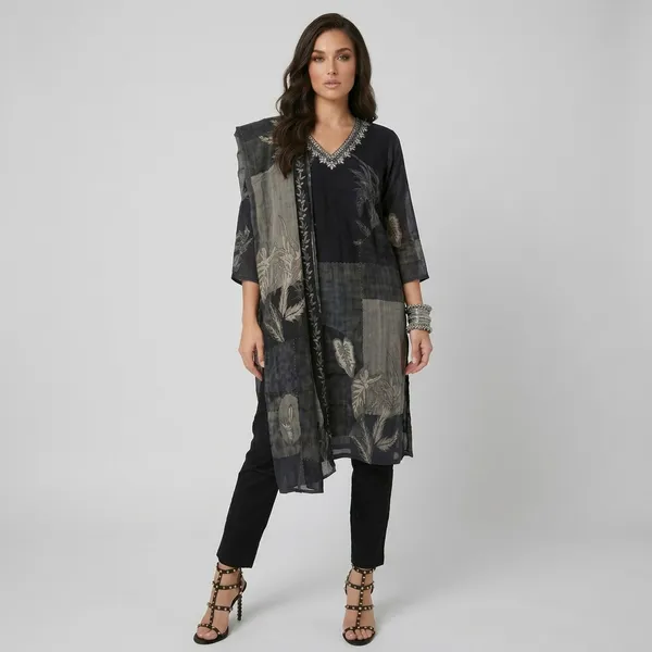 Black_Floral_Print_Sheer_Overlay_Pure_Crepe_Kurta_Set_For_Women