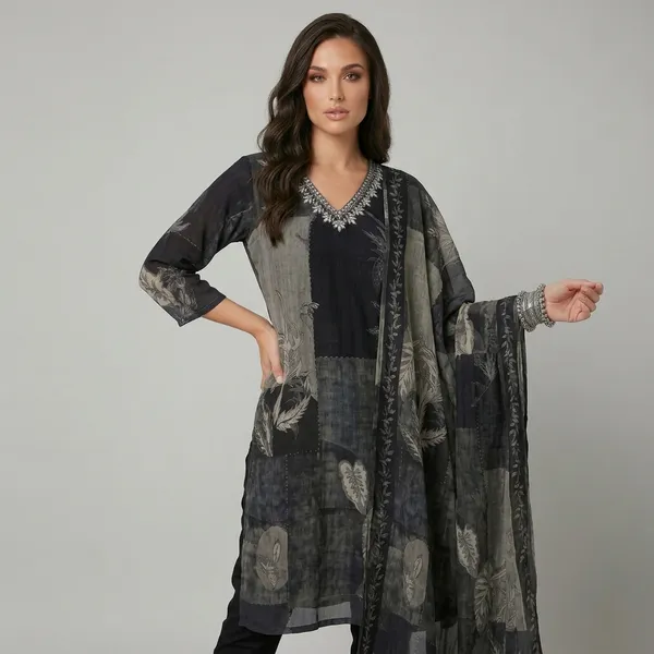 Black_Floral_Print_Sheer_Overlay_Pure_Crepe_Kurta_Set_For_Women