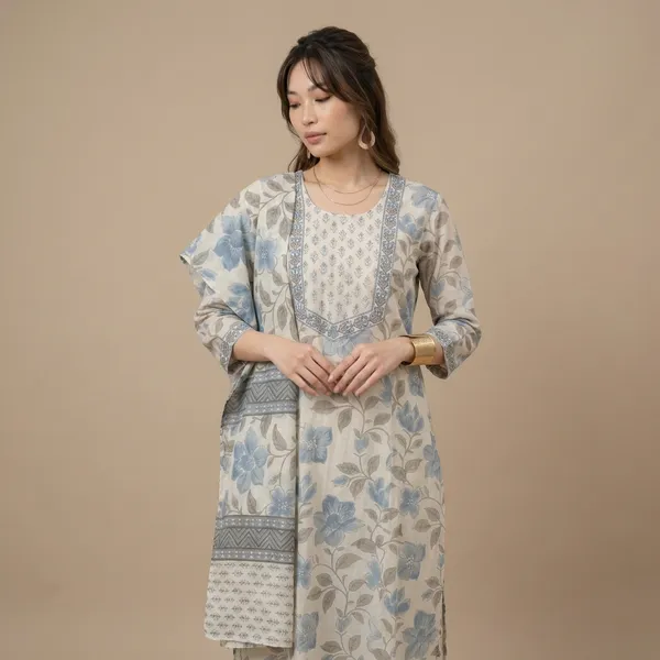 Blue_And_White_Floral_Print_Cotton_Kurta_Set_For_Women