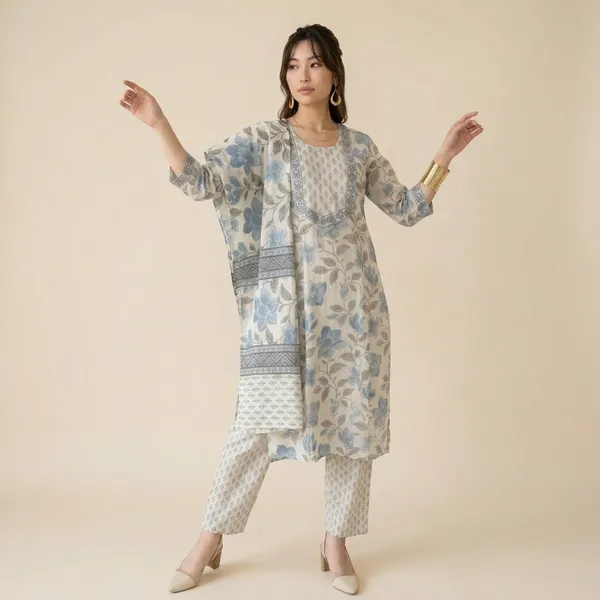 Blue_And_White_Floral_Print_Cotton_Kurta_Set_For_Women