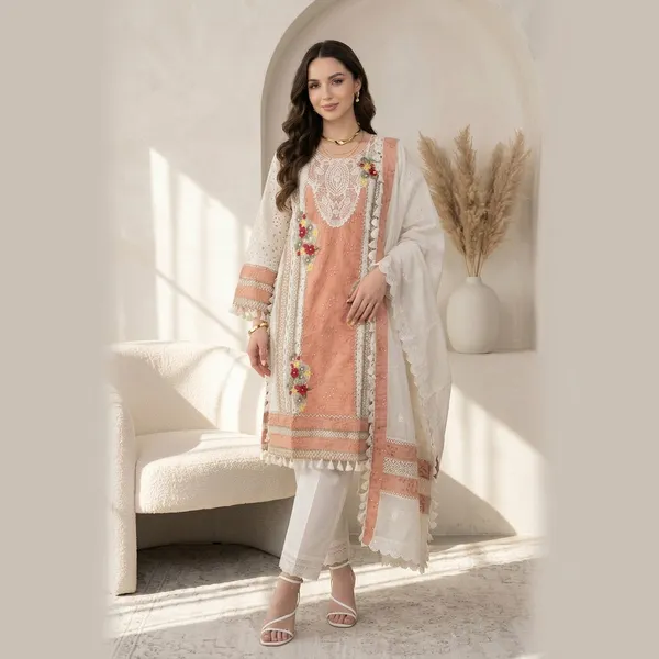 Peach_And_White_Embroidered_Kurta_Set_With_Crochet_Work_Dupatta_For_Women