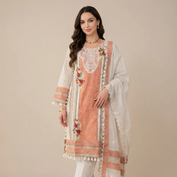 Peach_And_White_Embroidered_Kurta_Set_With_Crochet_Work_Dupatta_For_Women