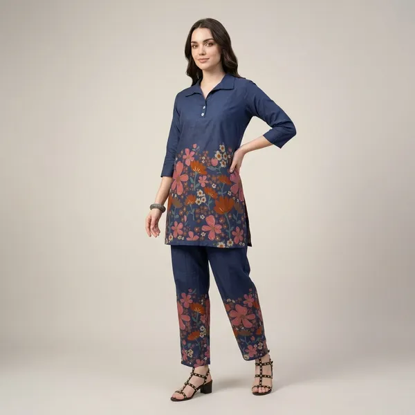 Navy_Blue_Floral_Printed_Tunic_Set_For_Women
