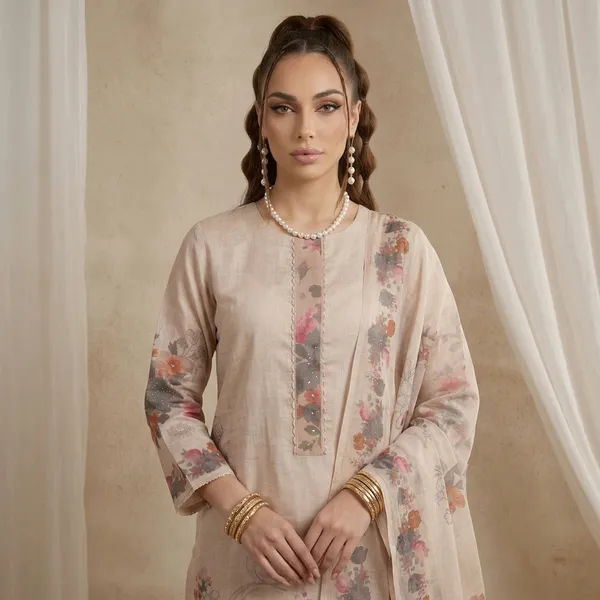Beige_Floral_Print_Unstitched_Suit_Material_With_Dupatta_For_Women