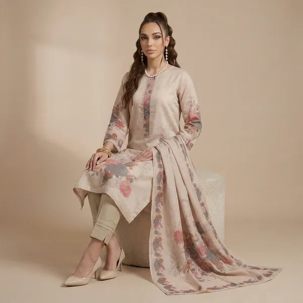 Beige_Floral_Print_Unstitched_Suit_Material_With_Dupatta_For_Women