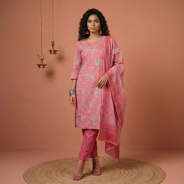 Pink_Floral_Print_Cotton_Kurta_Set_For_Women