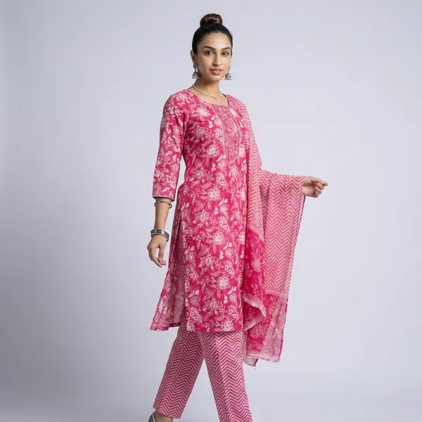 Pink_Floral_Print_Cotton_Kurta_Set_For_Women