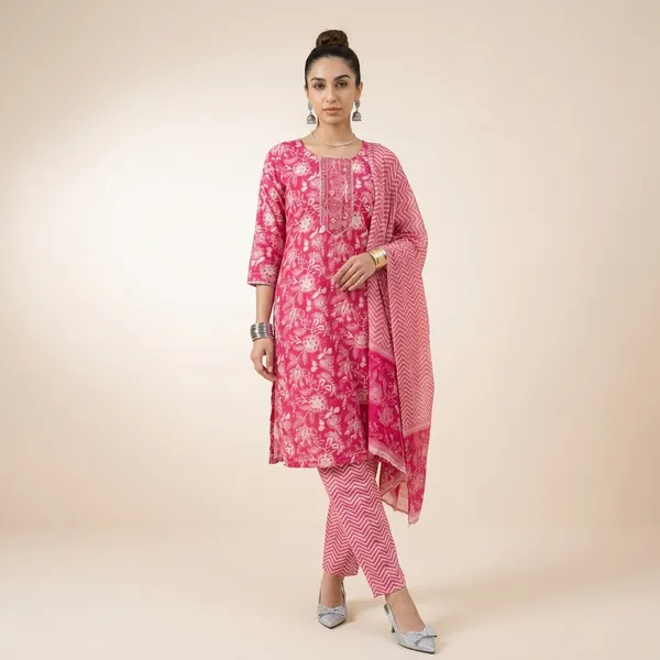 Pink_Floral_Print_Cotton_Kurta_Set_For_Women