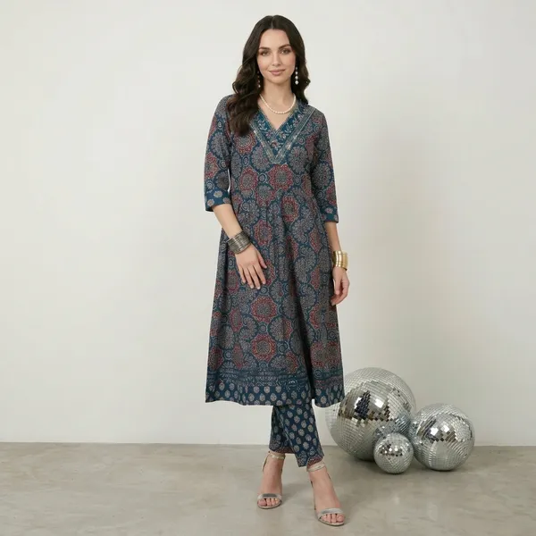 Navy_Blue_Printed_A-Line_Kurta_With_Matching_Pants_For_Women