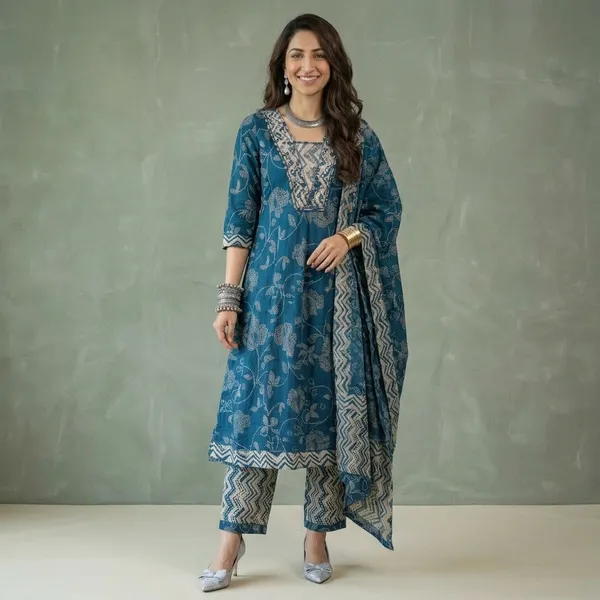 Blue_Floral_Print_Anarkali_Kurta_Set_With_Dupatta_For_Women