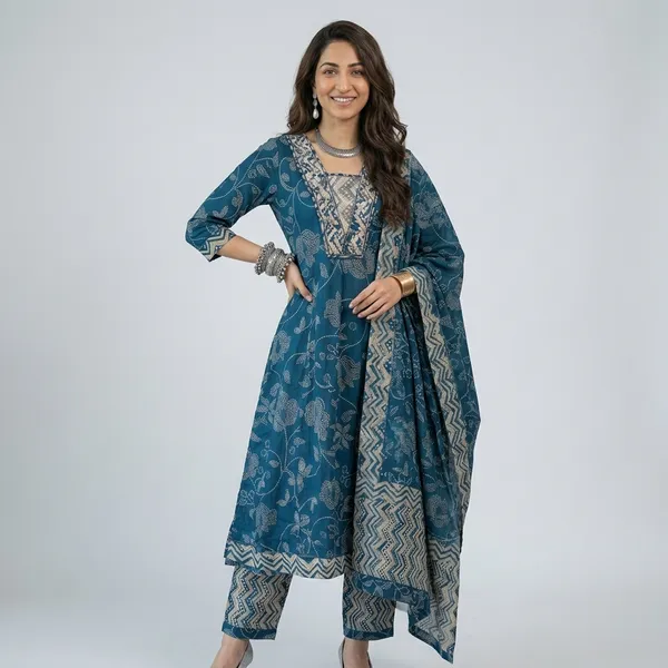 Blue_Floral_Print_Anarkali_Kurta_Set_With_Dupatta_For_Women