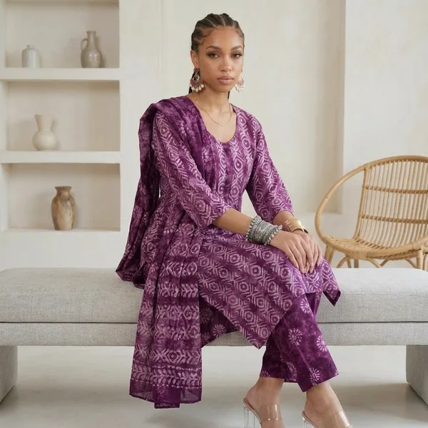 Purple_Bandhani_Print_Cotton_Kurta_Set_For_Women