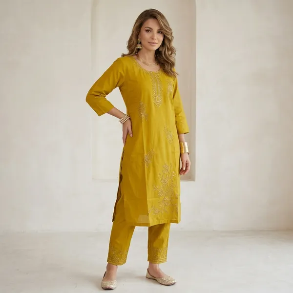Yellow_Embroidered_Kurta_With_Pants_Set_For_Women