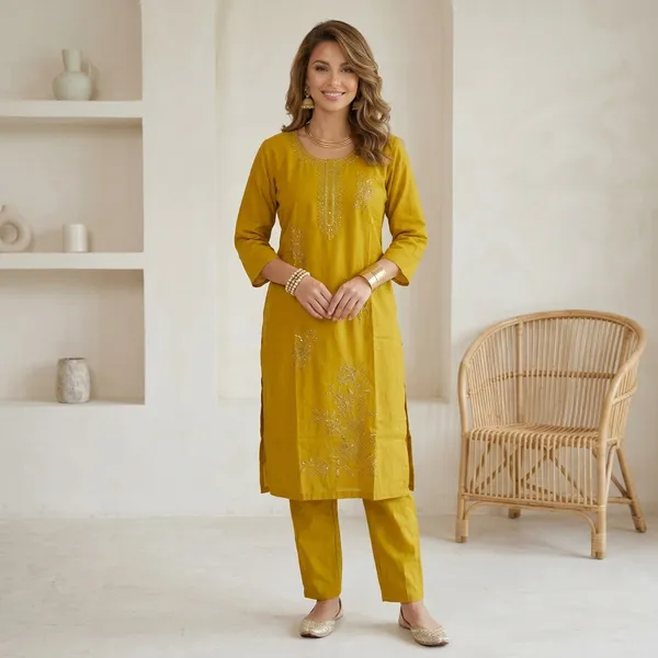 Yellow_Embroidered_Kurta_With_Pants_Set_For_Women