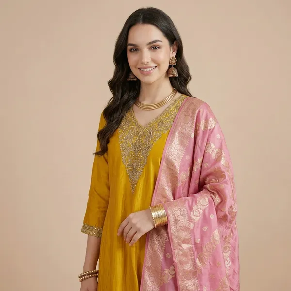 Mustard_Yellow_Chanderi_Silk_Embroidered_Kurta_Set_With_Pink_Dupatta