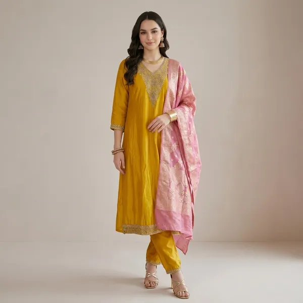 Mustard_Yellow_Chanderi_Silk_Embroidered_Kurta_Set_With_Pink_Dupatta