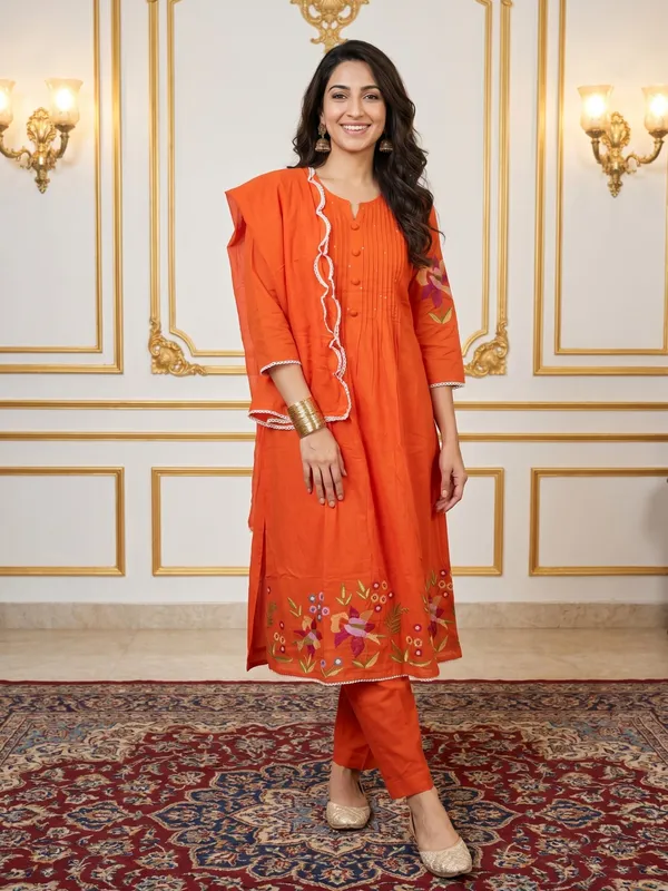 Orange_Floral_Embroidered_Cotton_Kurta_Set_For_Women
