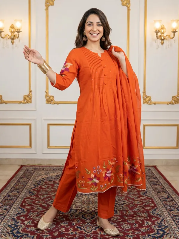 Orange_Floral_Embroidered_Cotton_Kurta_Set_For_Women
