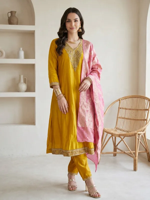 Mustard_Yellow_Chanderi_Silk_Embroidered_Kurta_Set_With_Pink_Dupatta