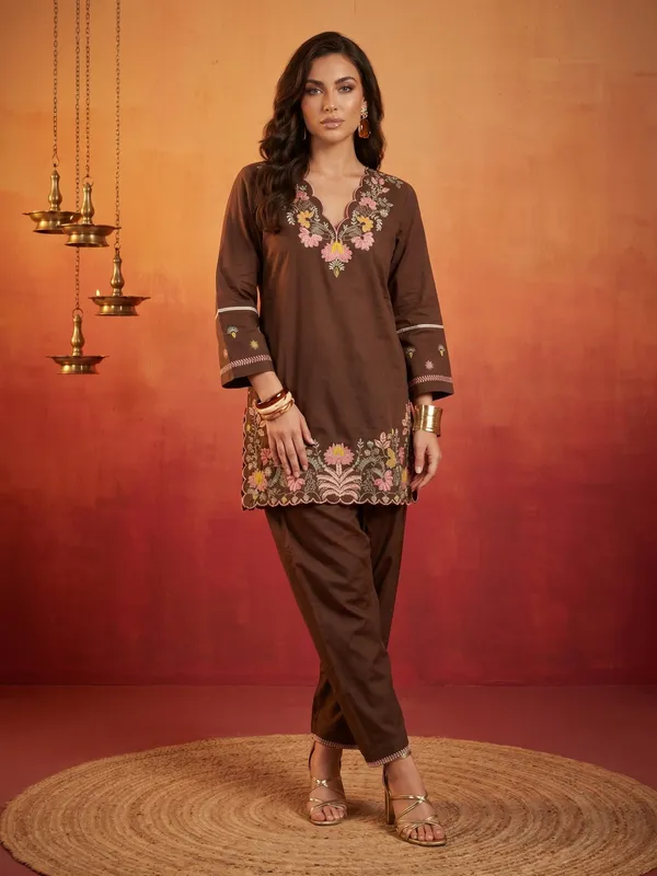 Brown_Embroidered_Kurta_Set_For_Women