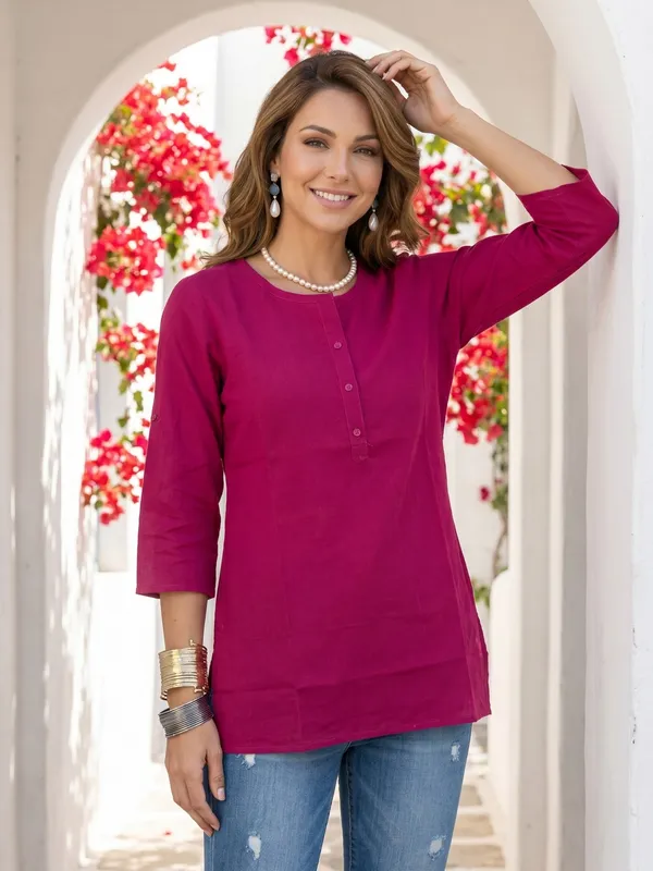 Magenta_Cotton_Three_Quarter_Sleeve_Tunic_For_Women