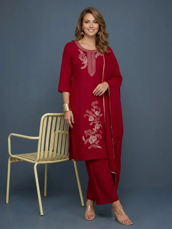 Maroon_Embroidered_Rayon_Kurta_Set_For_Women
