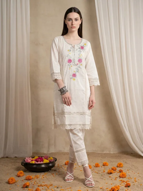White_Pure_Schiffli_Cotton_Embroidered_Kurta_Set_For_Women