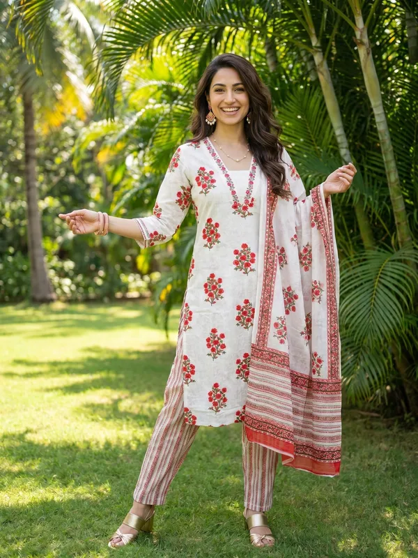 White_And_Red_Floral_Print_Cotton_Kurta_Set_For_Women