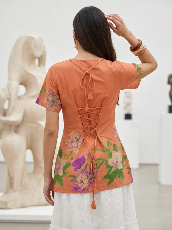 Peach_Floral_Print_Cold_Shoulder_Tunic_Top_For_Women