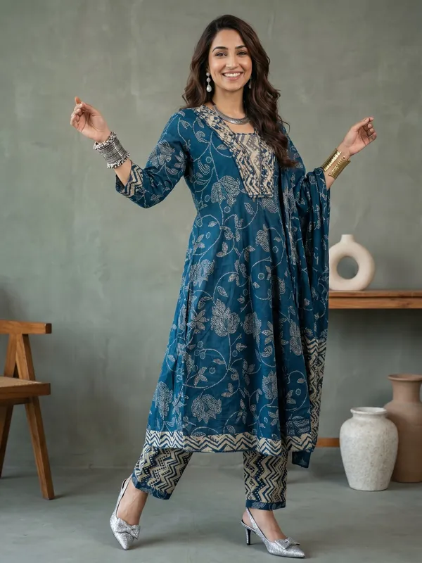 Blue_Floral_Print_Anarkali_Kurta_Set_With_Dupatta_For_Women