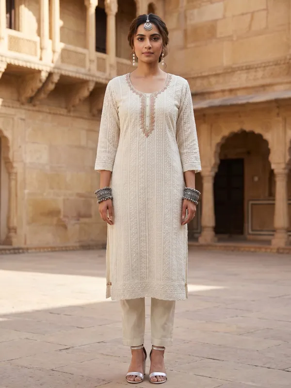 White_Peach_Chikankari_Embroidered_Unstitched_Suit_Set_With_Floral_Dupatta_For_Women