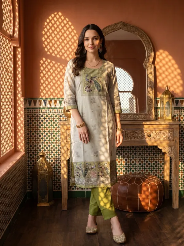 Beige_And_Green_Kota_Doria_Embroidered_Kurta_Set_For_Women